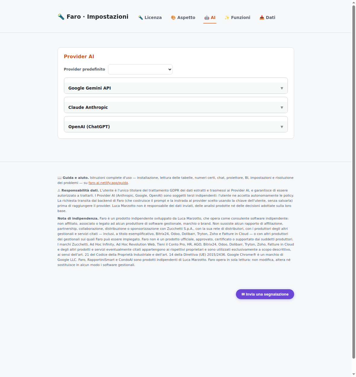 La scheda AI: provider predefinito e, per ciascuno, chiave, modello e limite di token.