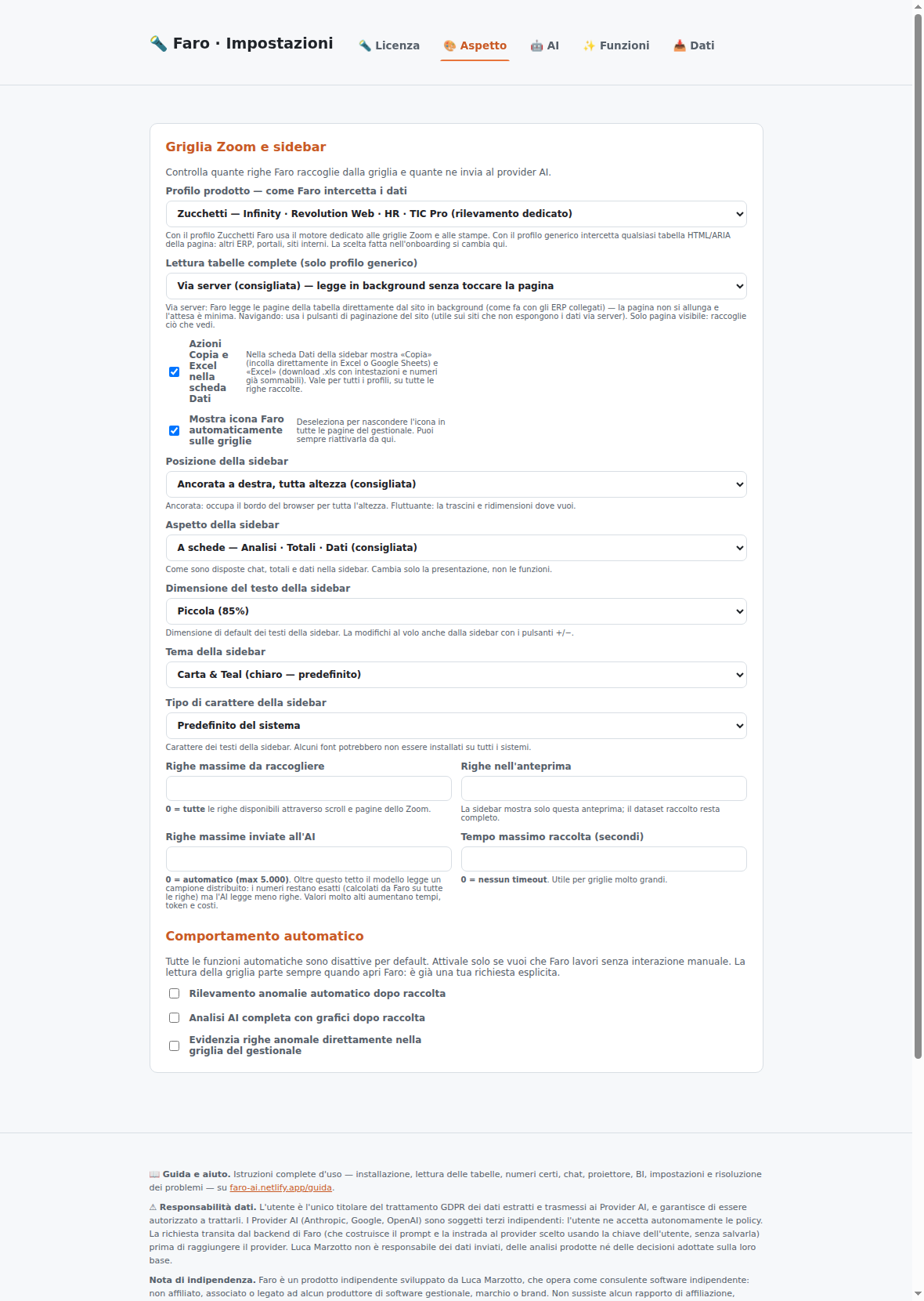 La scheda Aspetto: profilo, lettura tabelle, posizione e aspetto della sidebar, temi e comportamento automatico.